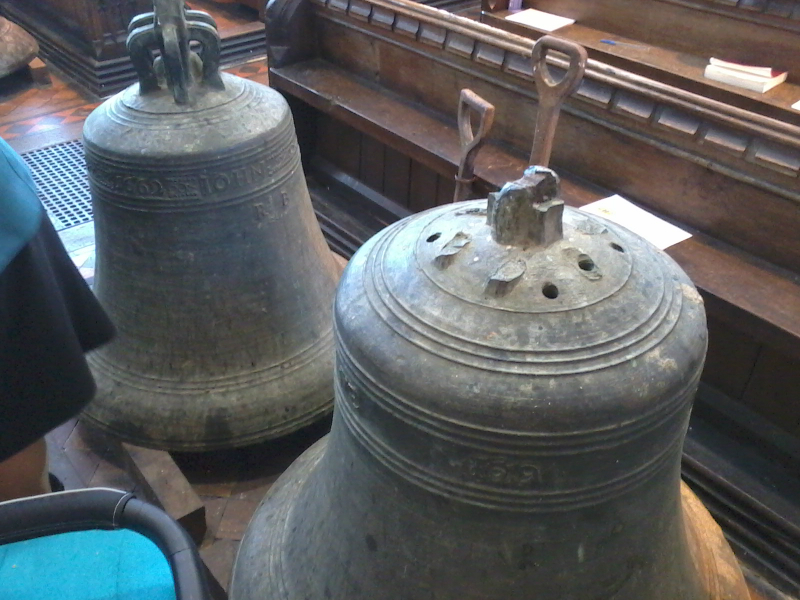 Two of the bells at on the floor of Combs church.