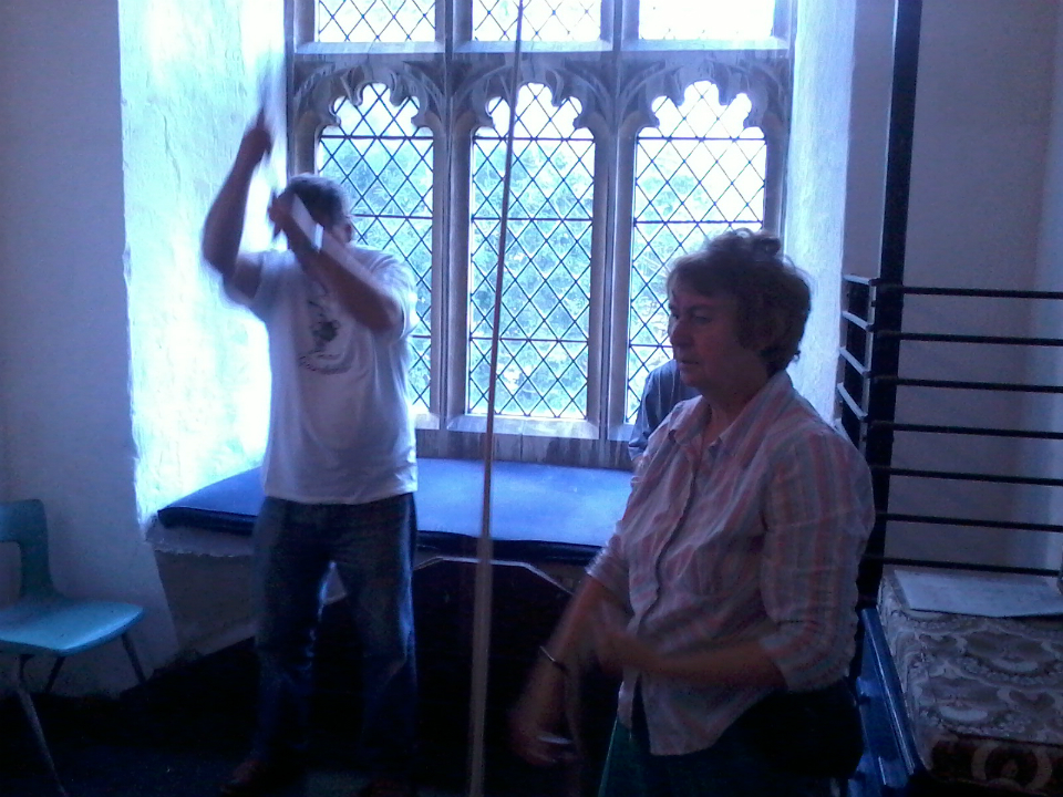 Mike Dew (on tenor) and Sally Munnings (on treble) ringing at Graveley on Rambling Ringers Tour.