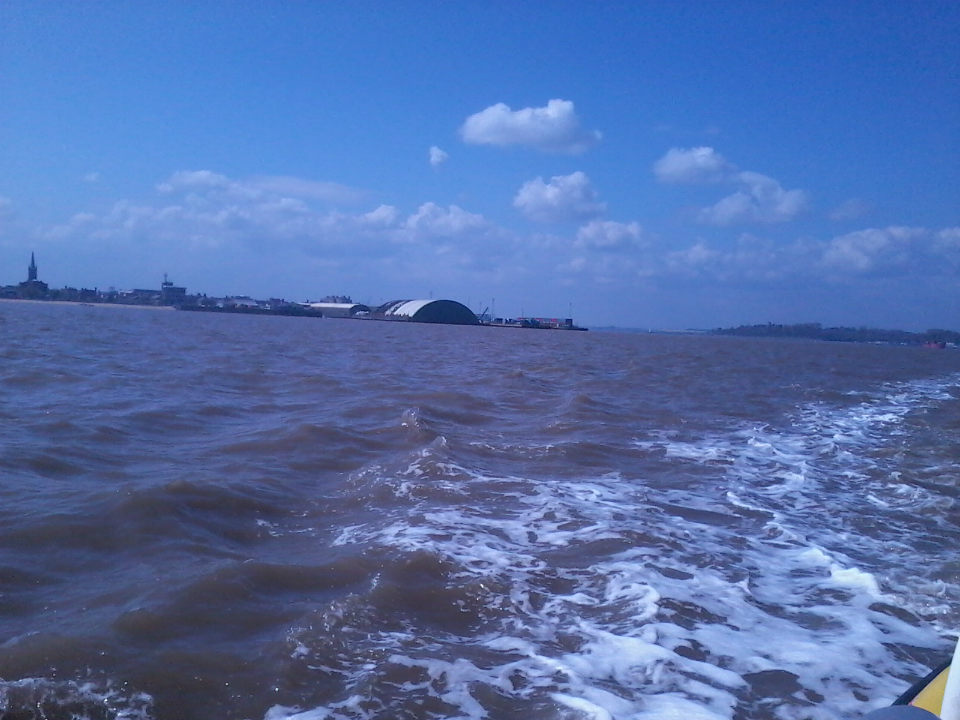 Harwich from the return ferry, with the spire of the tower on the far left and Shotley Peninsula on the right.