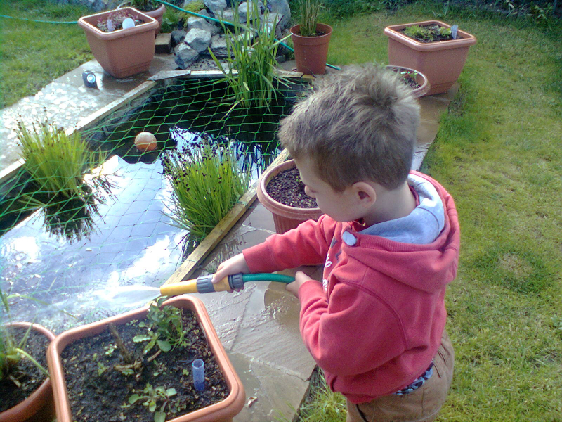 Mason watering the garden at Kate's.