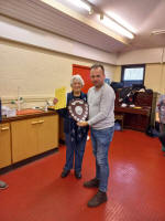 David Potts accepts the 1st place certificate and George W Pipe Trophy on behalf of St Mary-le-Tower from Diana Pipe.