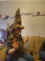 Ruthie trying on the Harry Potter Sorting Hat.