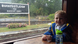 Alfie on the train at Buckfastleigh station on South Devon Railway.
