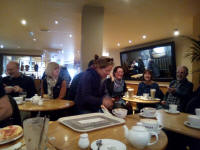 Crowded into Costa Coffee after morning ringer at St Mary-le-Tower.