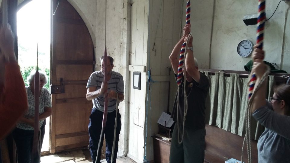 Ringing at Dennington for the SE District Practice – l to r; 3rd Diana Pipe, 4th Robert Scase, 5th Stephen Cheek &amp; tenor Ruth Munnings