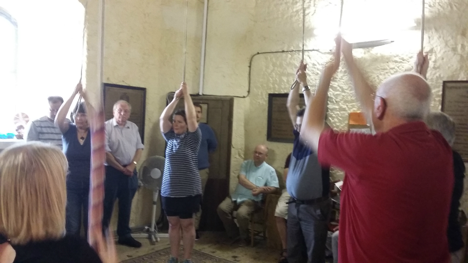 Ringing at Framlingham for the SE District Practice – l to r; treble Sue Williamson (back to camera), 4th Tracey Scase, 5th Abby Antrobus, 6th Mervyn Scase, 7th Rowan Wilson &amp; tenor Mike Cowling." height="150" title="Ringing at Framlingham for the SE District Practice – l to r; treble Sue Williamson (back to camera), 4th Tracey Scase, 5th Abby Antrobus, 6th Mervyn Scase, 7th Rowan Wilson &amp; tenor Mike Cowling.