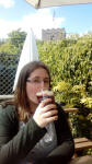 Ruthie and a pint listening to the final team in the Eight-Bell at Debenham from the beer garden at The Woolpack.