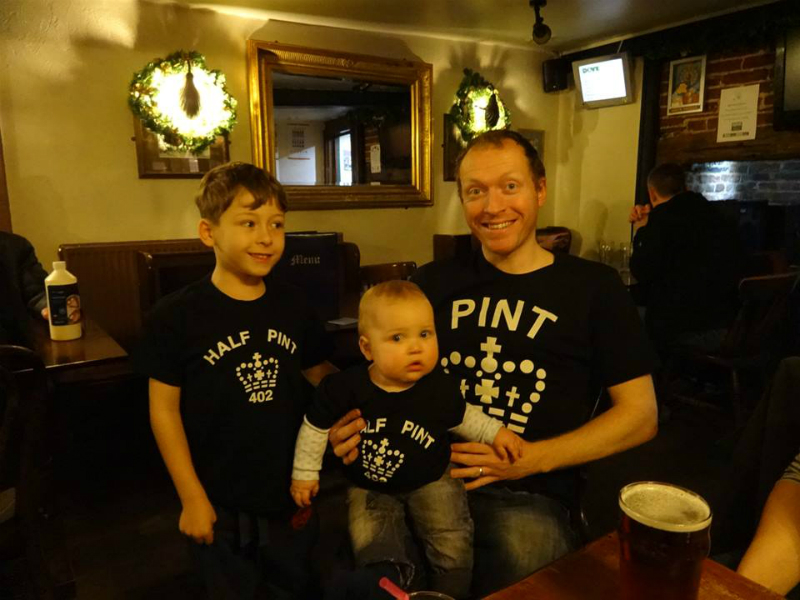 Mason, Alfie and me at The Dove in new family t-shirts given us at Christmas by Chris and Becky! Taken by Philip Gorrod.