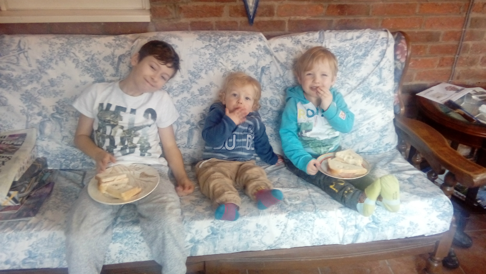 Mason, Joshua and Alfie enjoying lunch at Aunty Janet and Uncle Mick’s.
