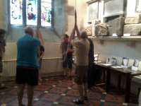 Ringing at Pickhill, l to r - Chris Woodcock, Paul Curtis' back, Andrew Blacklock, Chris Birkby's back & part of Mike Dew.