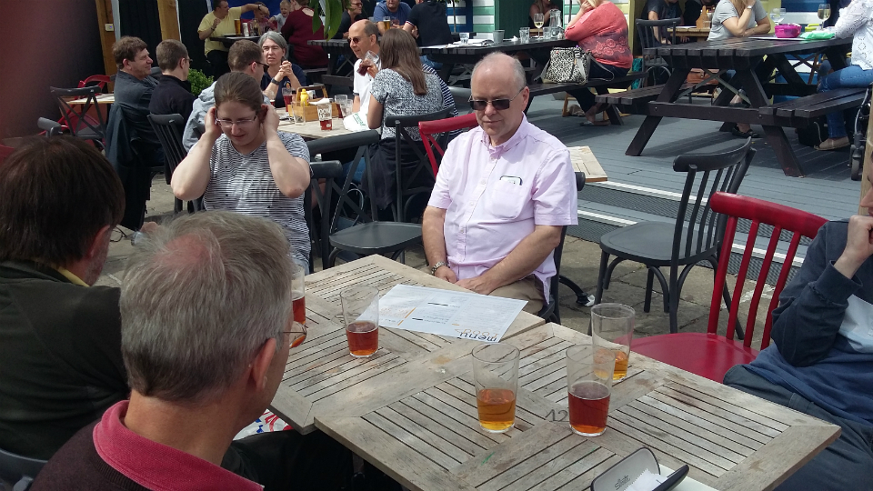 Some of the Suffolk Guild band (+ friends) in the beer garden of the Blacksmiths Arms after ringing.
