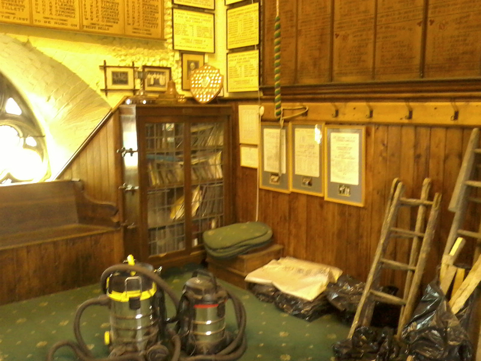 The ringing chamber at St Mary-le-Tower looking a little untidier than usual!