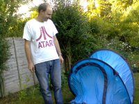 Pete proudly showing off his pop-up tent...