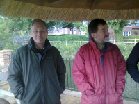 David Stanford & Brian Whiting ready for battle by the river outside The Mermaid.